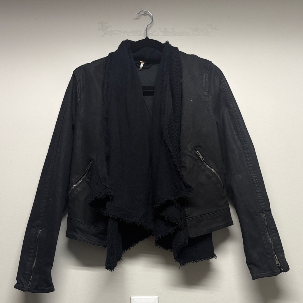 Free People Black Leather Jacket with Draped Scarf